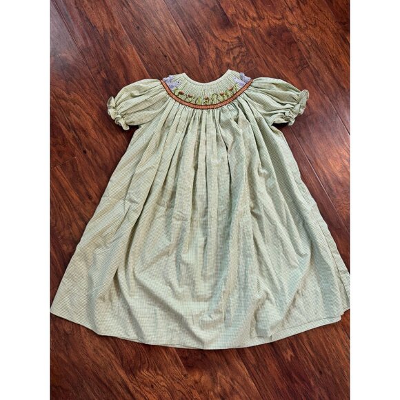Vintage Green Gingham Smocked Dress With Floral Embroidery & Puff Sleeves 3T By - Picture 1 of 5